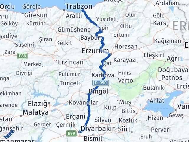 Rize İyidere Diyarbakır Arası Kaç Km - Yol Haritası