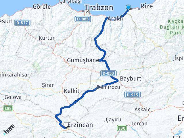 Rize İyidere Erzincan Arası Kaç Km - Yol Haritası