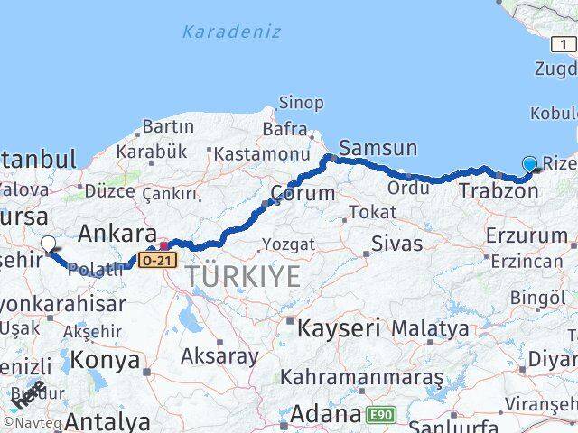Rize İyidere Eskişehir Arası Kaç Km - Yol Haritası
