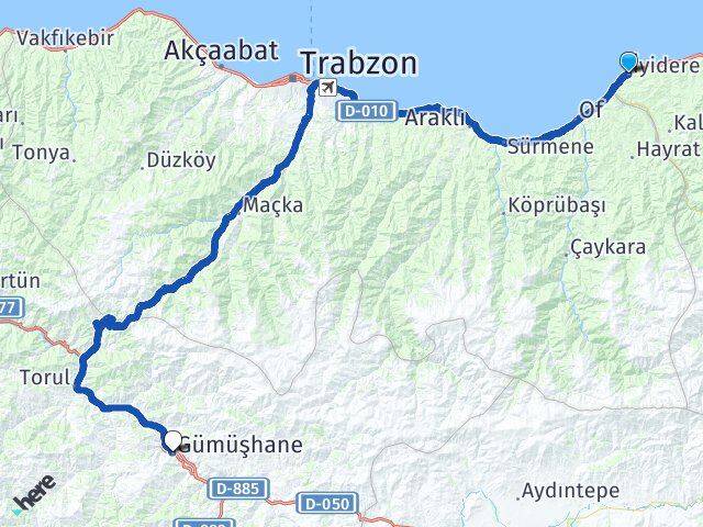Rize İyidere Gümüşhane Arası Kaç Km - Yol Haritası