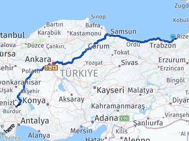 Rize İyidere Isparta Arası Kaç Km - Yol Haritası