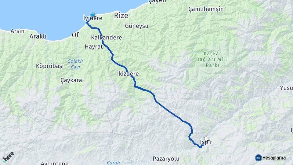 Rize İyidere İspir Erzurum Arası Kaç Km - Yol Haritası