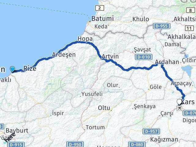 Rize İyidere Kars Arası Kaç Km - Yol Haritası