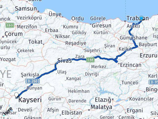 Rize İyidere Kayseri Arası Kaç Km - Yol Haritası