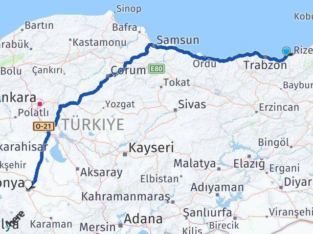 Rize İyidere Konya Arası Kaç Km - Yol Haritası