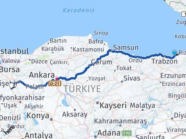 Rize İyidere Kütahya Arası Kaç Km - Yol Haritası