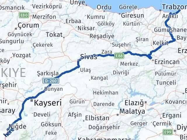 Rize İyidere Niğde Arası Kaç Km - Yol Haritası