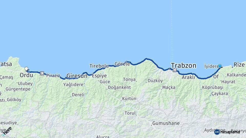 Rize İyidere Ordu Arası Kaç Km - Yol Haritası