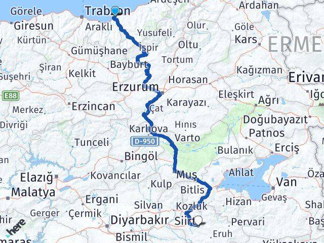 Rize İyidere Siirt Arası Kaç Km - Yol Haritası