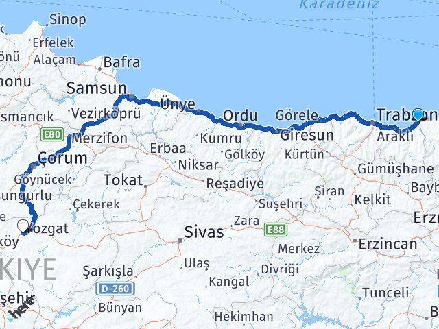 Rize İyidere Yozgat Arası Kaç Km - Yol Haritası