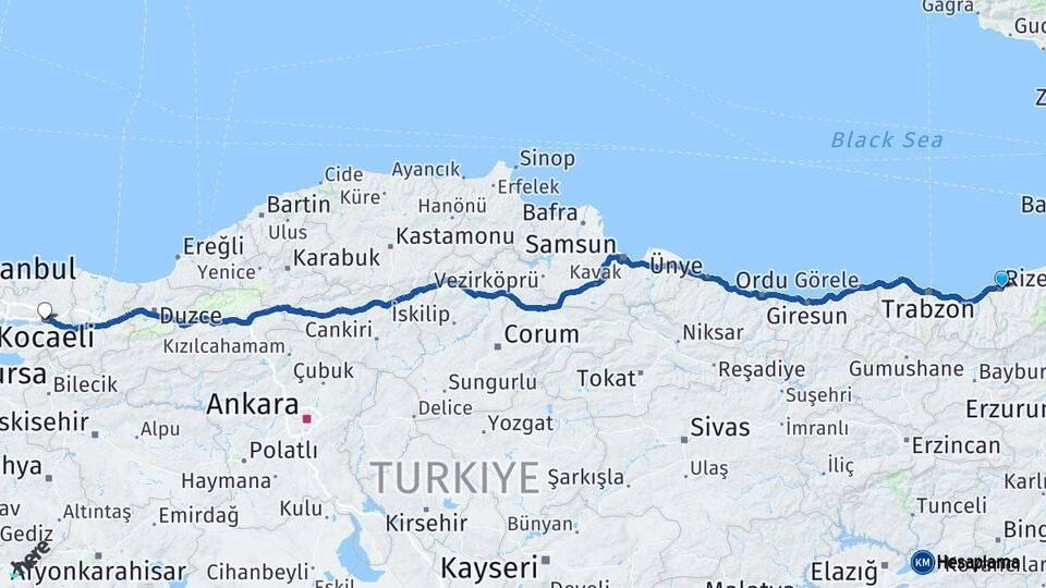 Rize İzmit Kocaeli Arası Kaç Km - Yol Haritası