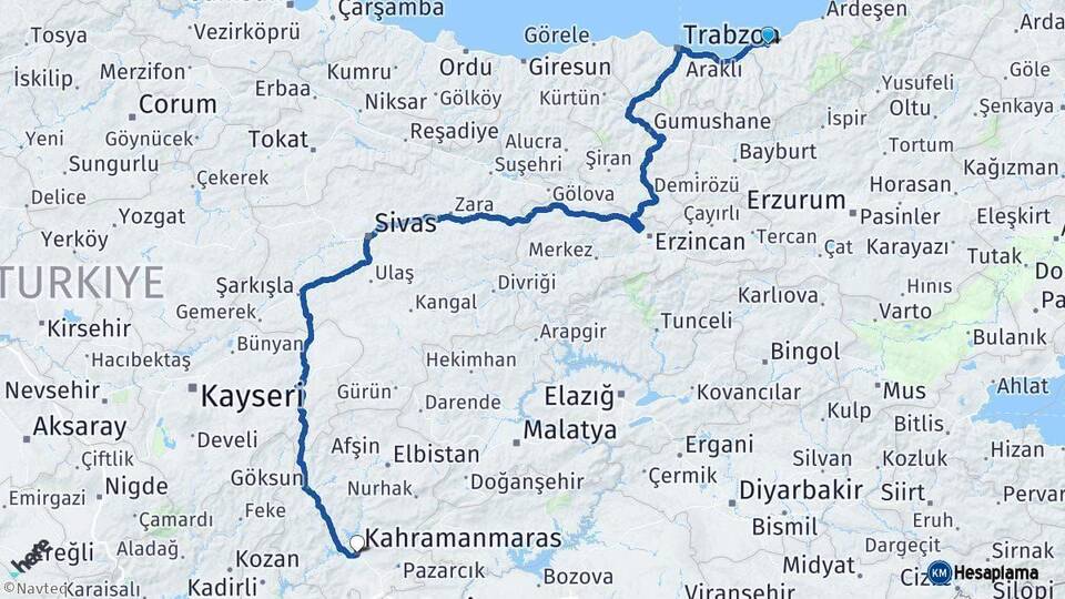 Rize Kahramanmaraş Arası Kaç Km - Yol Haritası