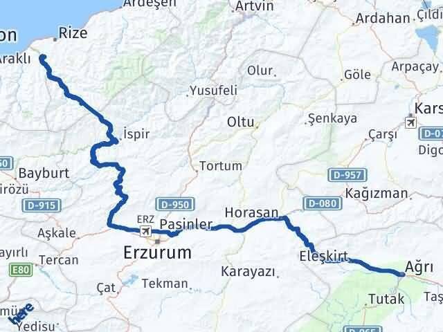 Rize Kalkandere Ağrı Arası Kaç Km - Yol Haritası