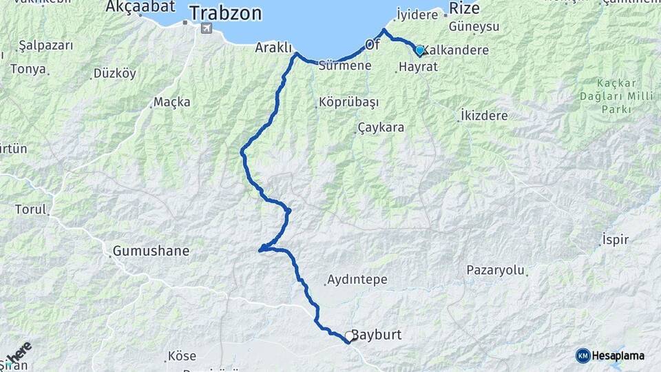 Rize Kalkandere Bayburt Arası Kaç Km - Yol Haritası
