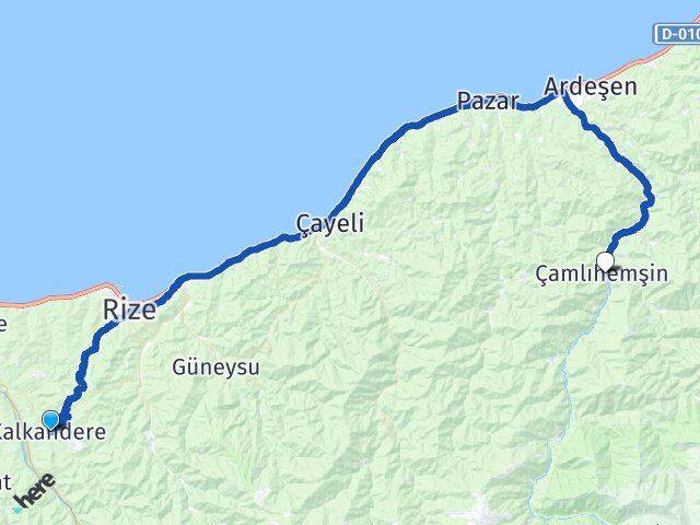 Rize Kalkandere Çamlıhemşin Arası Kaç Km - Yol Haritası