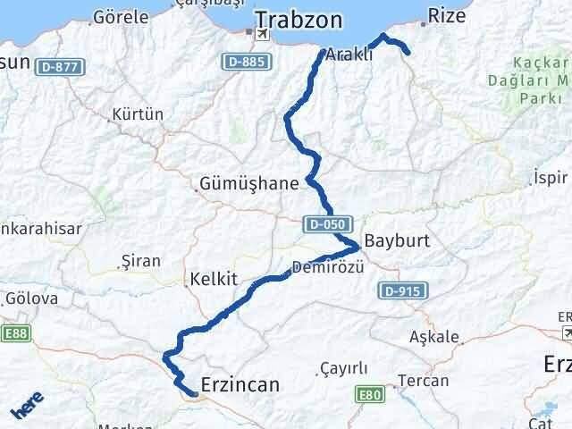 Rize Kalkandere Erzincan Arası Kaç Km - Yol Haritası
