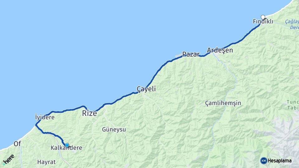 Rize Kalkandere Fındıklı Arası Kaç Km - Yol Haritası