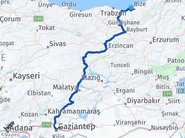 Rize Kalkandere Gaziantep Arası Kaç Km - Yol Haritası