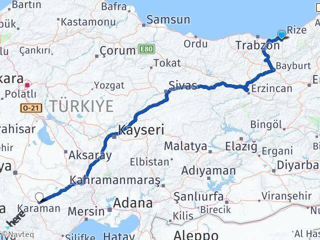 Rize Kalkandere Karaman Arası Kaç Km - Yol Haritası