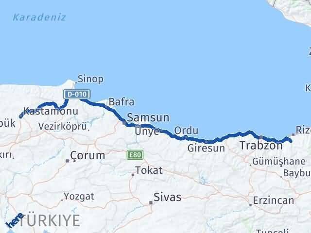 Rize Kalkandere Kastamonu Arası Kaç Km - Yol Haritası