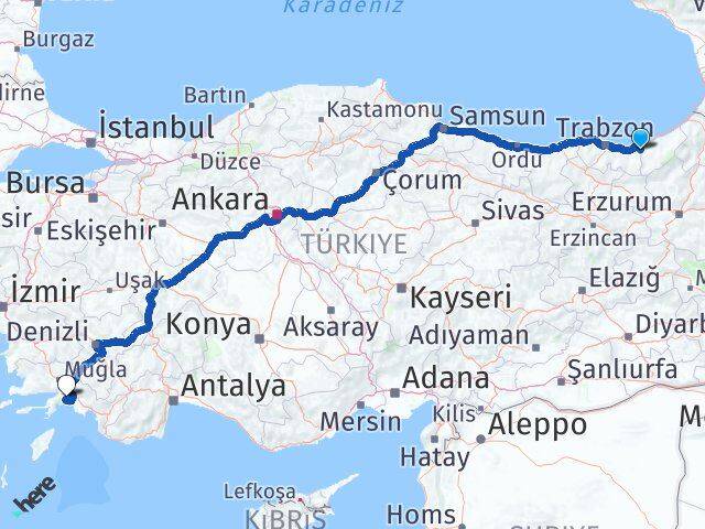 Rize Kalkandere Muğla Arası Kaç Km - Yol Haritası