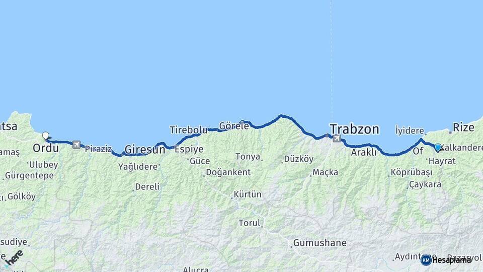 Rize Kalkandere Ordu Arası Kaç Km - Yol Haritası