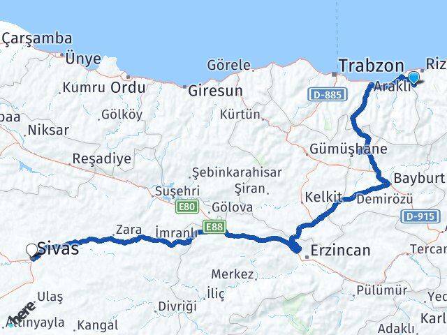 Rize Kalkandere Sivas Arası Kaç Km - Yol Haritası