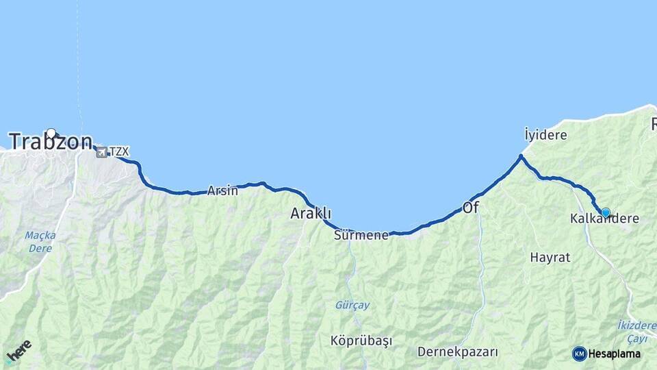 Rize Kalkandere Trabzon Arası Kaç Km - Yol Haritası
