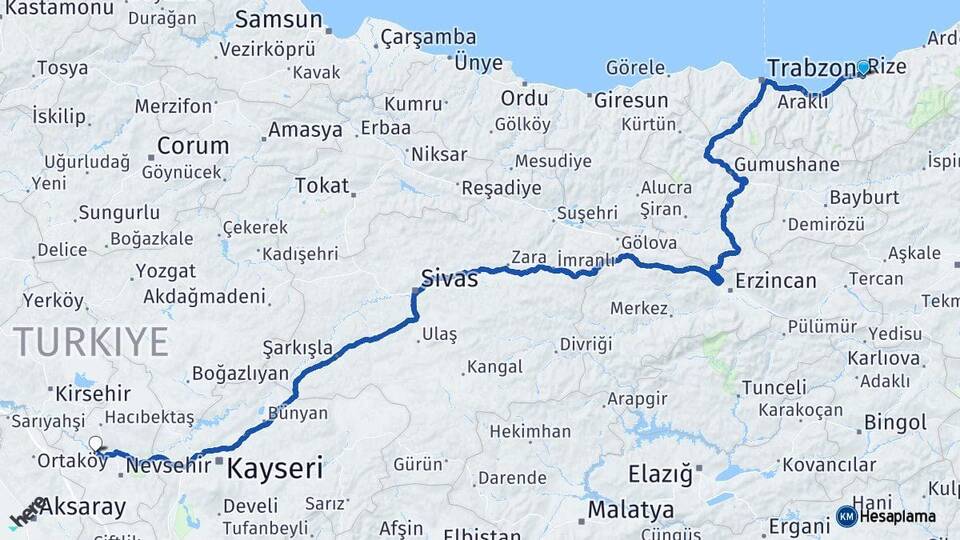 Rize Kapadokya Havalimanı Arası Kaç Km - Yol Haritası