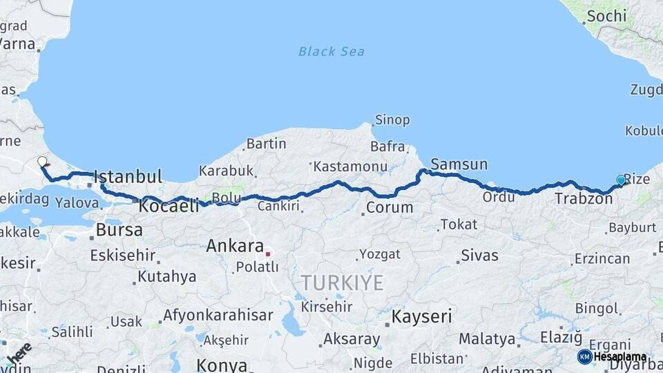 Rize Kapaklı Tekirdağ Arası Kaç Km - Yol Haritası