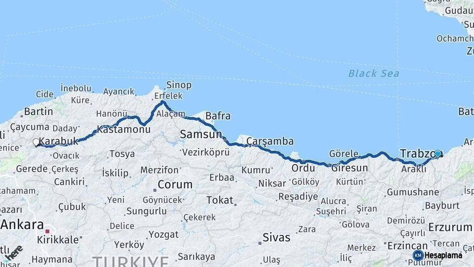 Rize Karabük Arası Kaç Km - Yol Haritası
