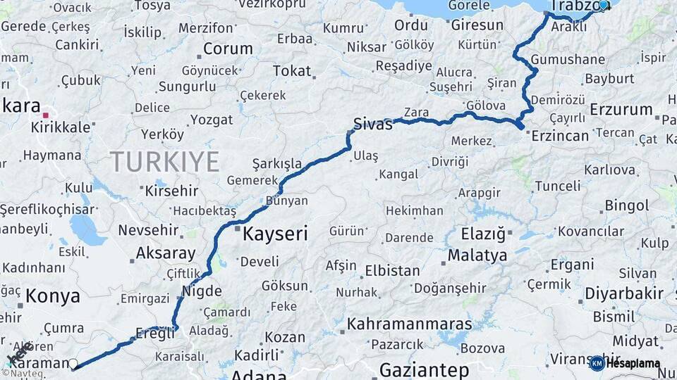 Rize Karaman Arası Kaç Km - Yol Haritası