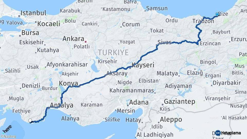 Rize Kaş Antalya Arası Kaç Km - Yol Haritası