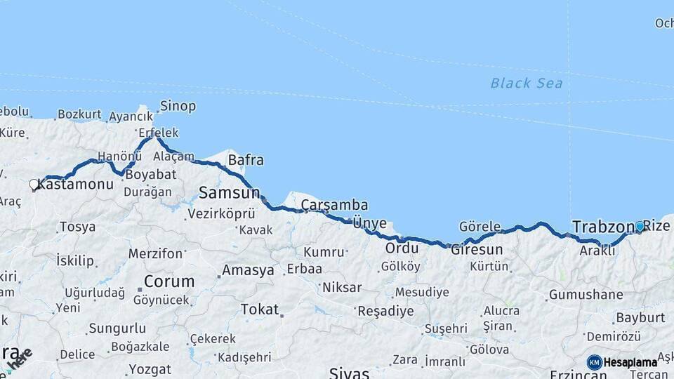 Rize Kastamonu Arası Kaç Km - Yol Haritası