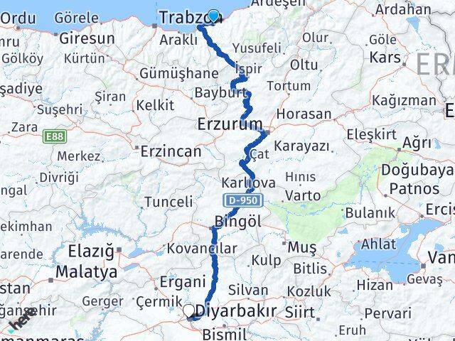Rize Kayapınar Diyarbakır Arası Kaç Km - Yol Haritası