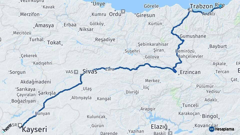 Rize Kayseri Arası Kaç Km - Yol Haritası