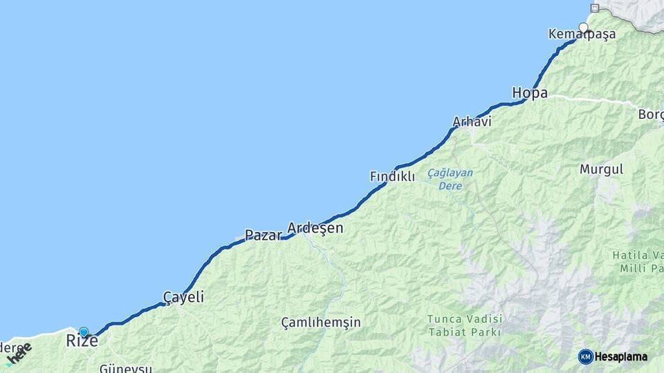 Rize Kemalpaşa Artvin Arası Kaç Km - Yol Haritası