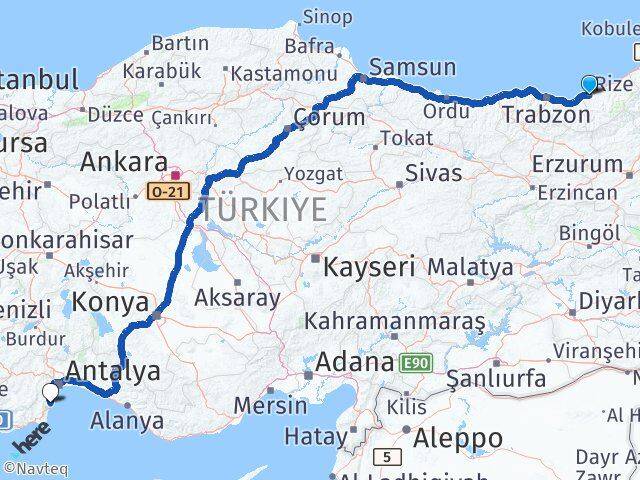 Rize Kemer Antalya Arası Kaç Km - Yol Haritası