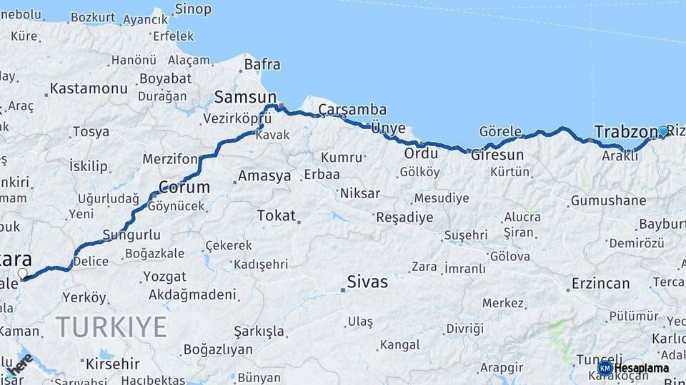 Rize Kırıkkale Arası Kaç Km - Yol Haritası