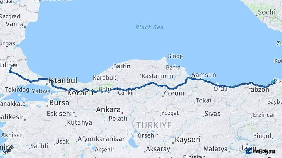 Rize Kırklareli Arası Kaç Km - Yol Haritası