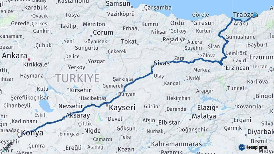 Rize Konya Arası Kaç Km - Yol Haritası