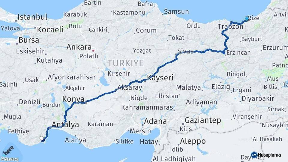 Rize Kumluca Antalya Arası Kaç Km - Yol Haritası