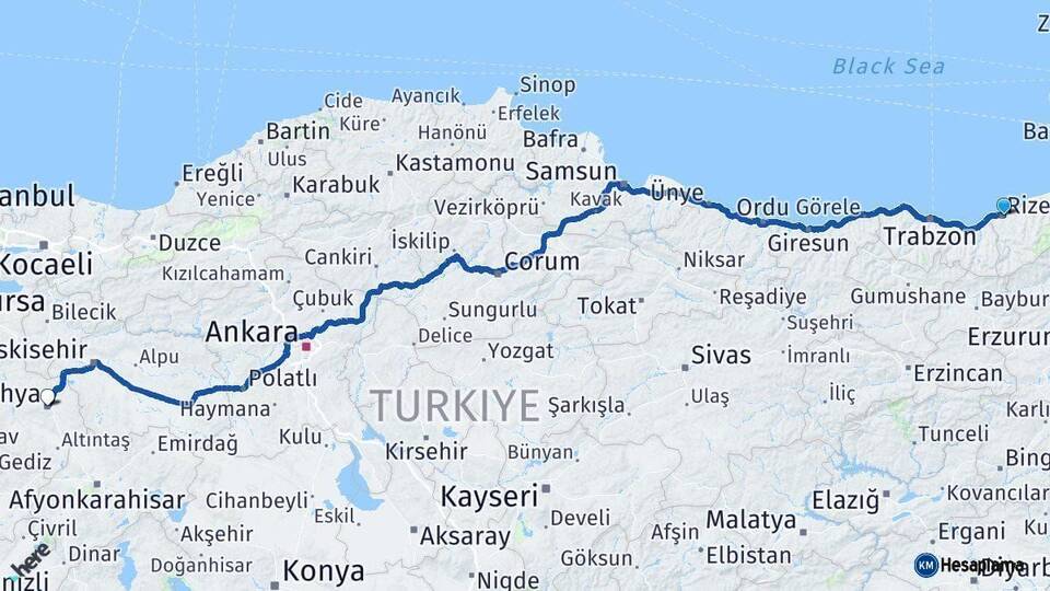 Rize Kütahya Arası Kaç Km - Yol Haritası