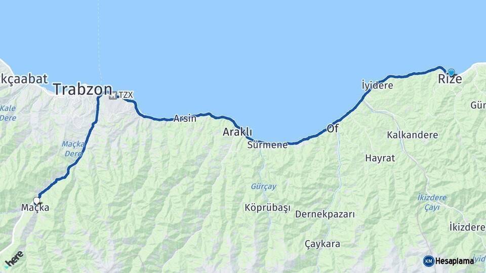 Rize Maçka Trabzon Arası Kaç Km - Yol Haritası