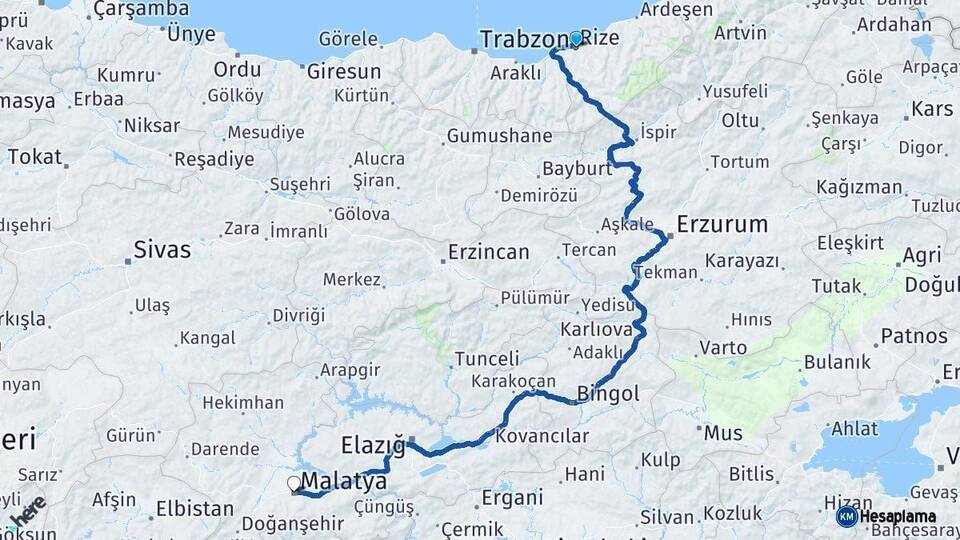 Rize Malatya Arası Kaç Km - Yol Haritası