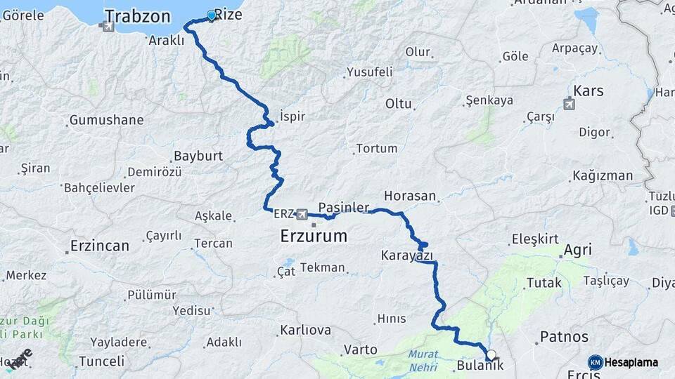 Rize Malazgirt Muş Arası Kaç Km - Yol Haritası