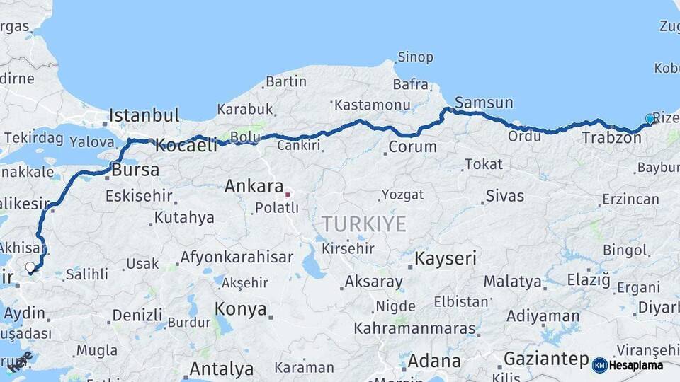 Rize Manisa Arası Kaç Km - Yol Haritası