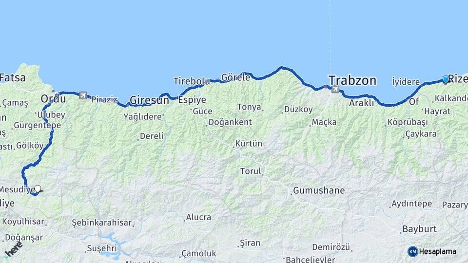 Rize Mesudiye Ordu Arası Kaç Km - Yol Haritası