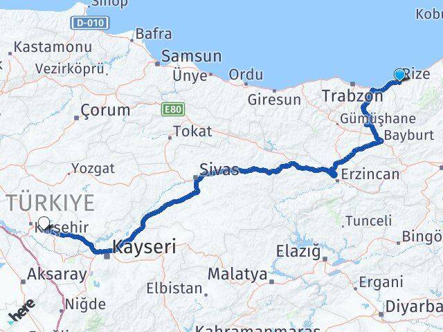 Rize Mucur Kırşehir Arası Kaç Km - Yol Haritası