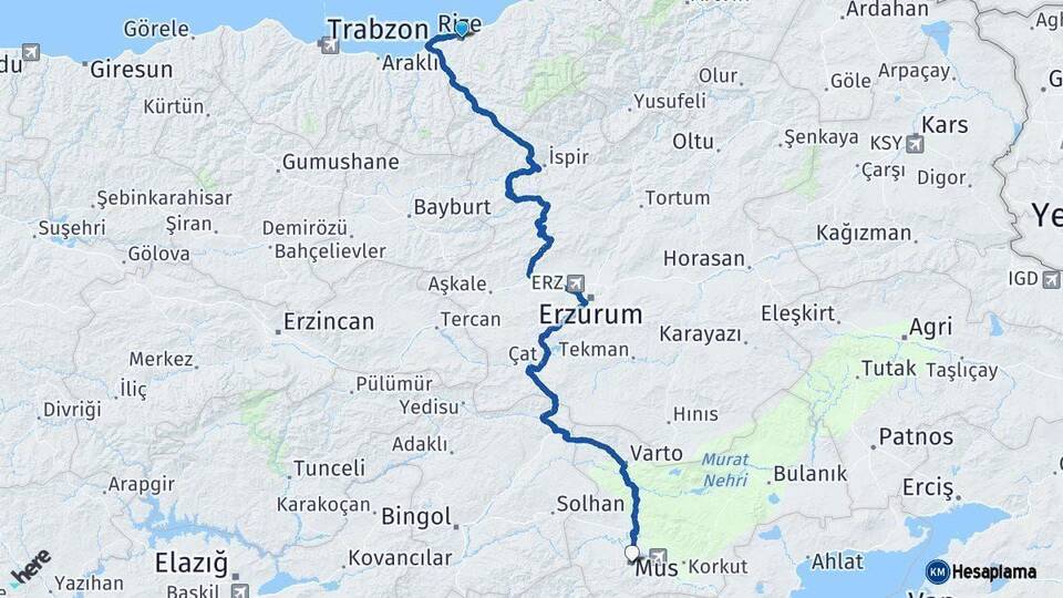 Rize Muş Arası Kaç Km - Yol Haritası